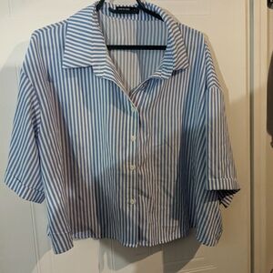 Shein Curves Boxy Blue & White Vertical Stripe Button-Down Cropped Shirt
